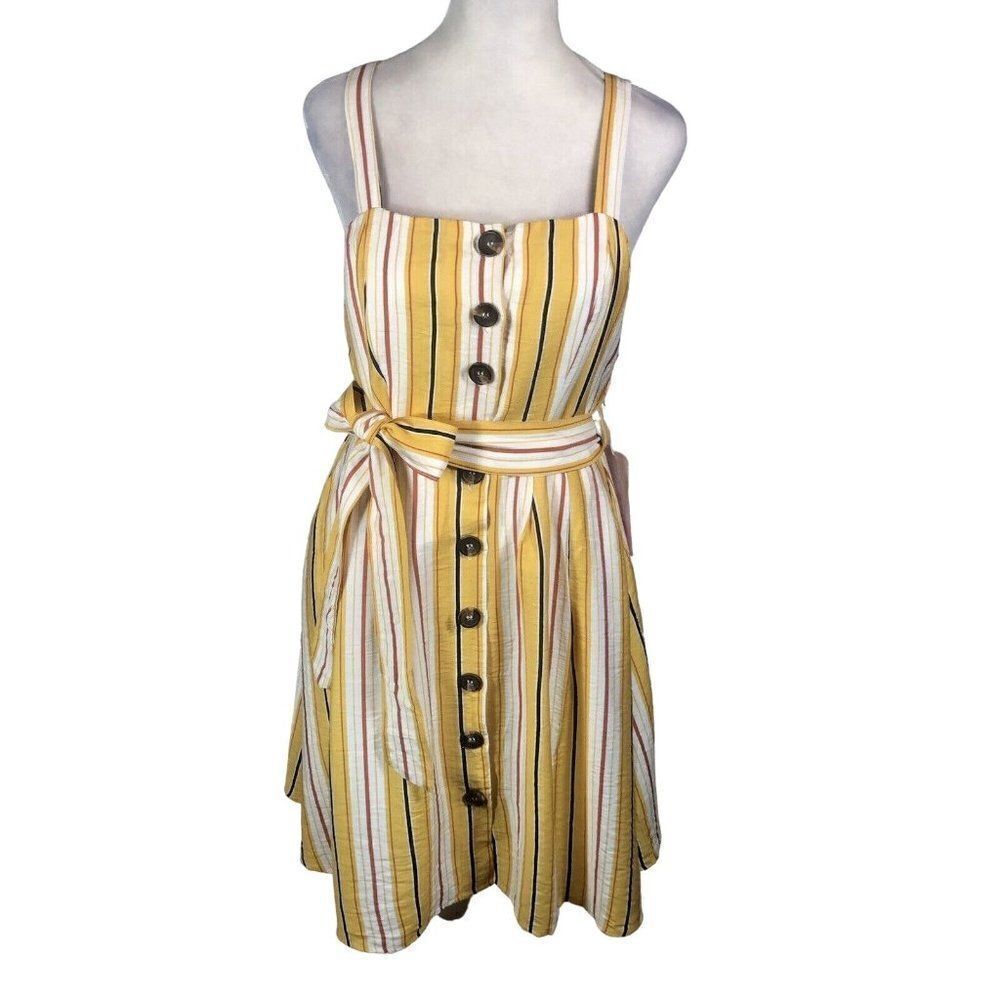 NEW Fashion On Earth Yellow Striped Sundress Small Backless Button Front Summer